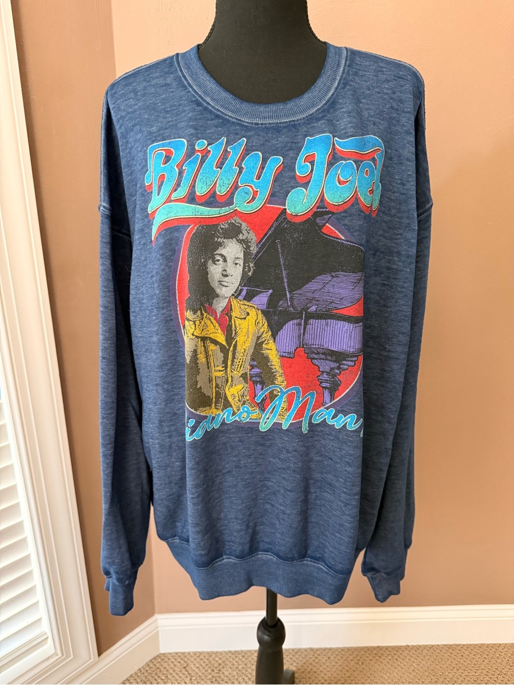 Billy Joel Piano Man Graphic Retro Crewneck Sweatshirt Heather Blue Size Large